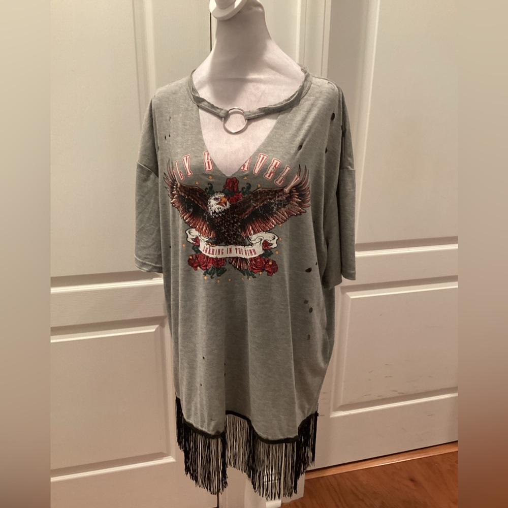 Oversized Customized Grey Eagle Graphic Fringe Women's Short Dress/Top
